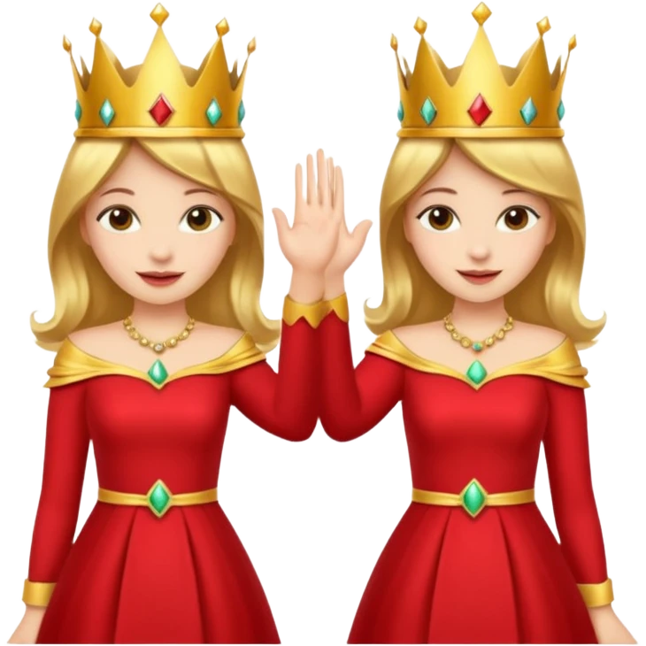 Two women wearing crowns and identical outfits giving each other a high five. emoji