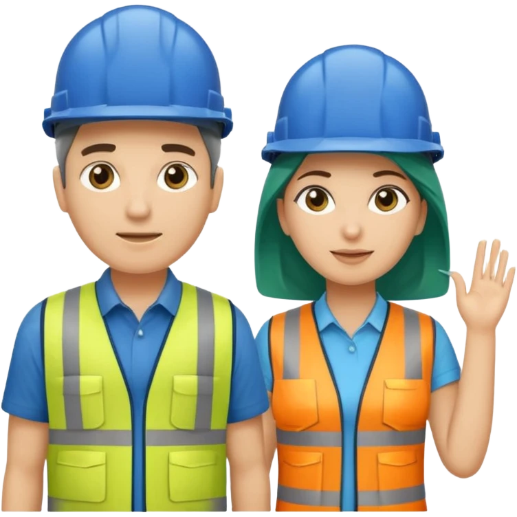 Um homem e uma mulher amarelos com capacete de obras ambos azul escuro e camisa social cinza com faixas refletivas verdes nos braços. Um deles deve estar segurando um megafone emoji