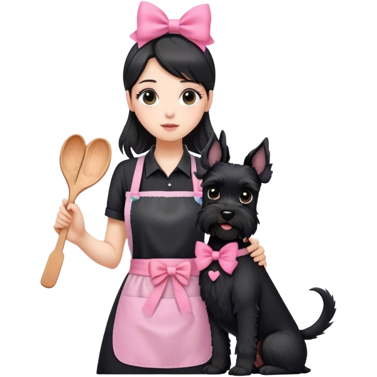 pale girl with long back hair wearing black long shirt wearing apron holding black  schnauzer with pink bow emoji
