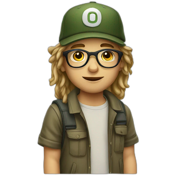 young boy with long hair and cap and Cargo smoke CBD pants and have glasses emoji