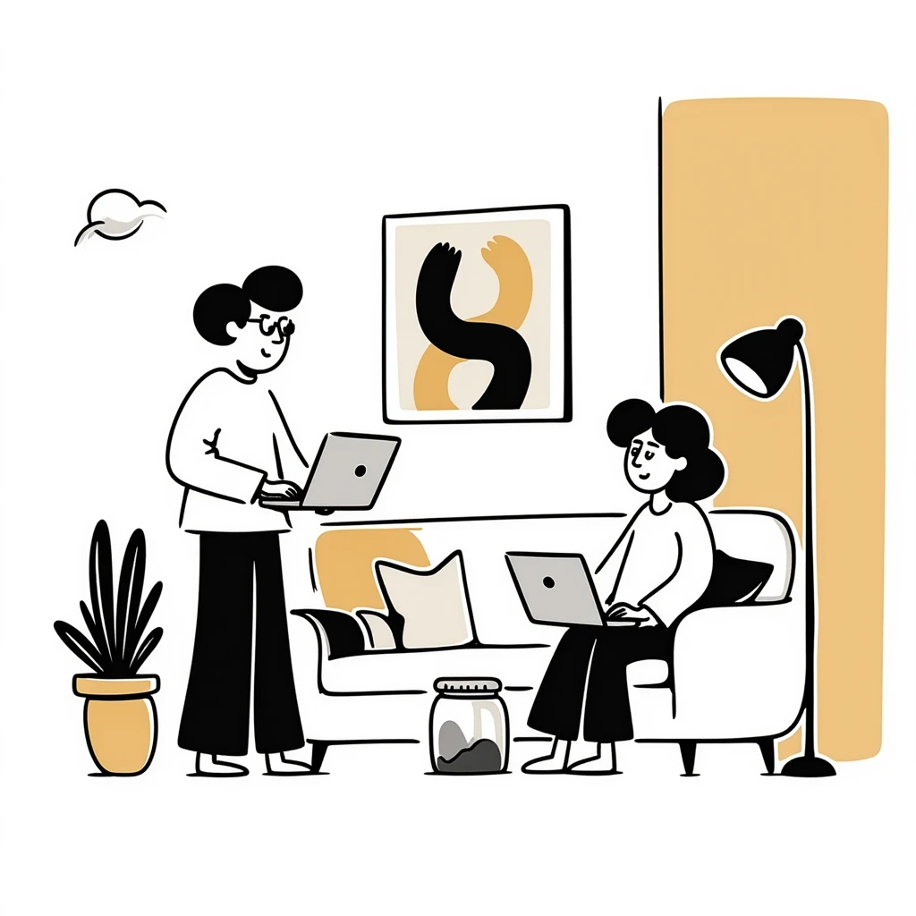 Flat illustration of a cozy mid-century living room with two people working on laptops, one man standing at a desk and one woman sitting on a couch, warm tones, two walls and floor visible emoji