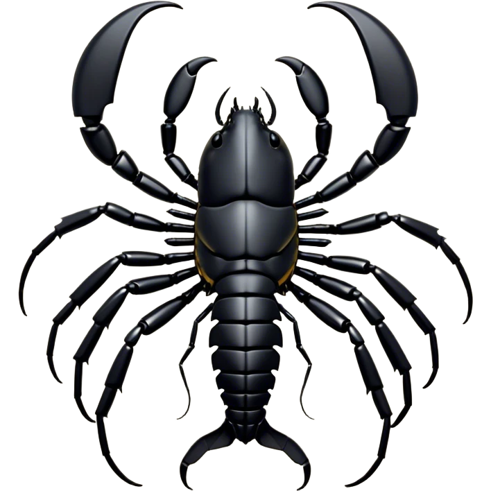 Cinematic Noble Emperor Scorpion Portrait Emoji, Poised and formidable, with a robust, armored build and a glossy, jet-black exoskeleton accented by striking, segmented pincers, deep-set piercing eyes, Simplified yet sharp and sophisticated features, highly detailed, glowing with a cool, dignified glow, high shine, intelligent and imposing, stylized with an air of ancient desert majesty, focused and attentive, soft glowing outline, capturing the essence of a watchful and commanding scorpion that feels as though it could silently creep out of the screen with effortless authority! emoji