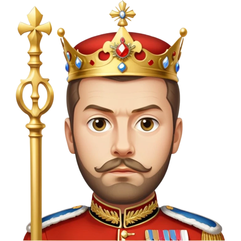 Russian tsar Nicholas II, royal uniform, scepter, crown, serious expression emoji