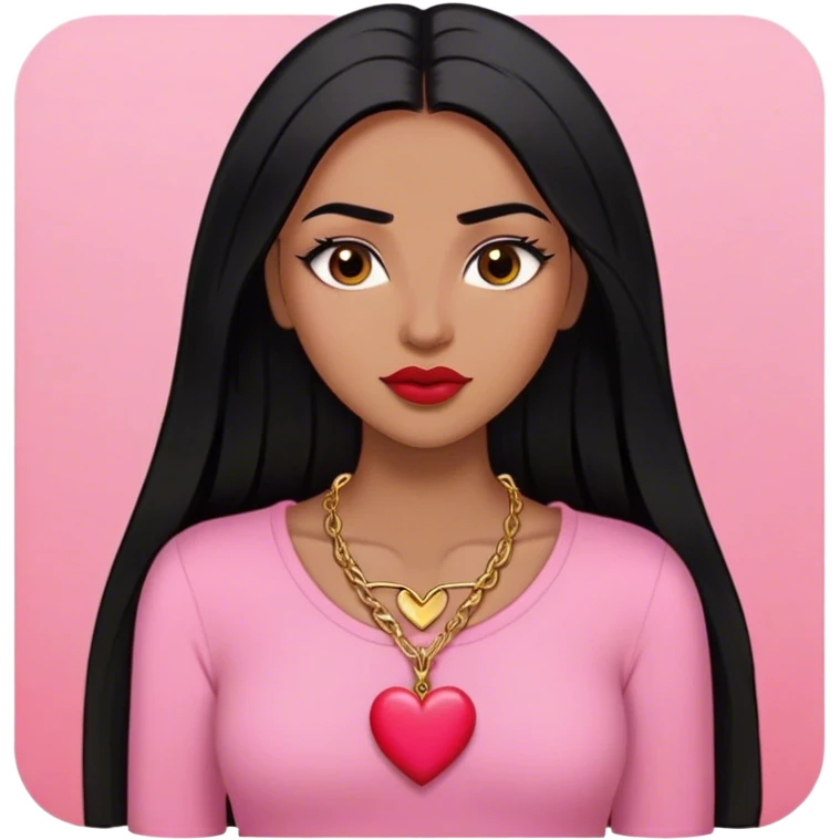 Woman,Medium brown skin,super long black straight hair, medium brown arched eyebrows, full lashes, red nude lips, small gold heart necklace , pink shirt emoji