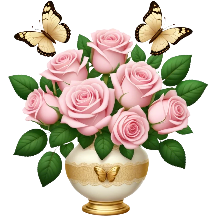 Realistic aesthetic bouquet of soft pink roses in a porcelain vase with an ivory lace ribbon and a golden butterfly emoji