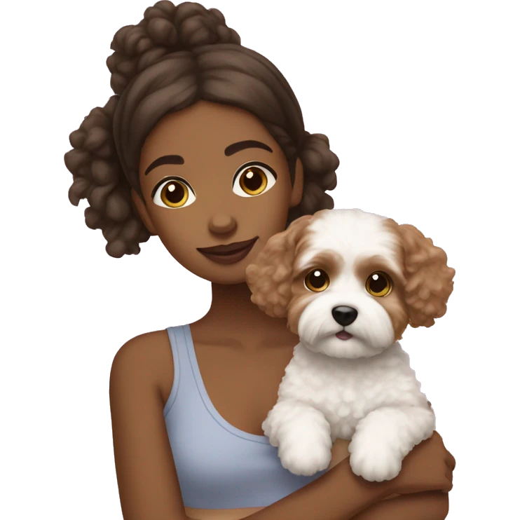 Brown girl holding Maltipoo with white patch emoji