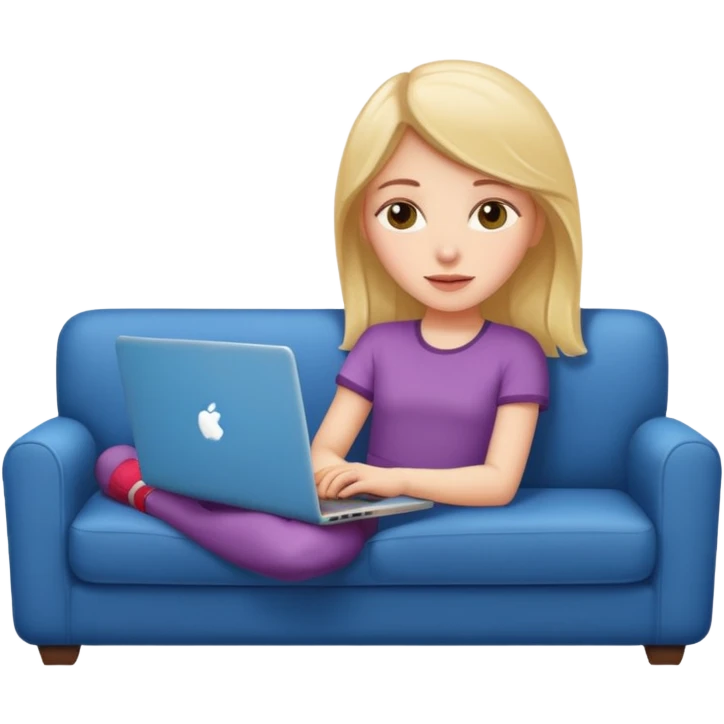 A white girl is lying on a sofa with a laptop emoji