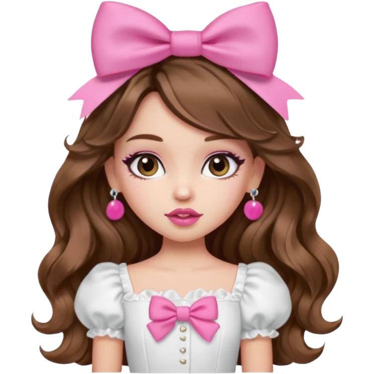 generate a pretty bratz girl in a white puff sleeve top. Pink lipgloss. Brown wavy hair long. Bow pink earrings emoji