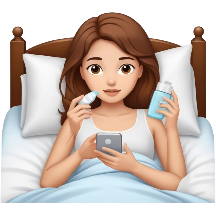 White Girl with Brown hair having skincare on, laying In bed using phone  emoji