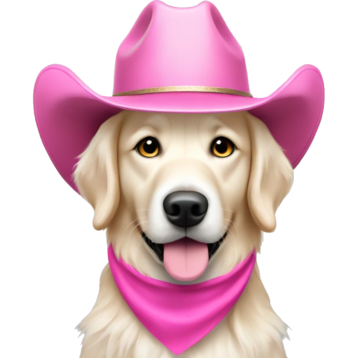 White golden retriever wearing pink cowboy hat emoji