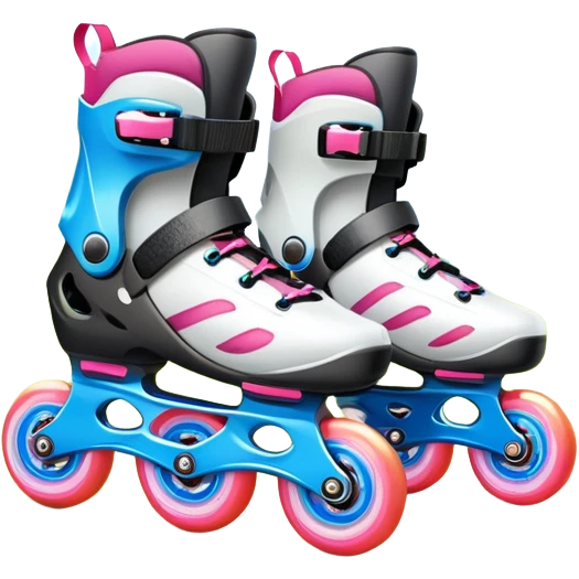 An icon featuring a pair of colorful rollerblades placed on a smooth path. The background showcases a picturesque park with lush greenery, blooming flowers, and a clear blue sky with soft clouds. The bright sunlight adds a cheerful touch to the scene. Transparent background emoji