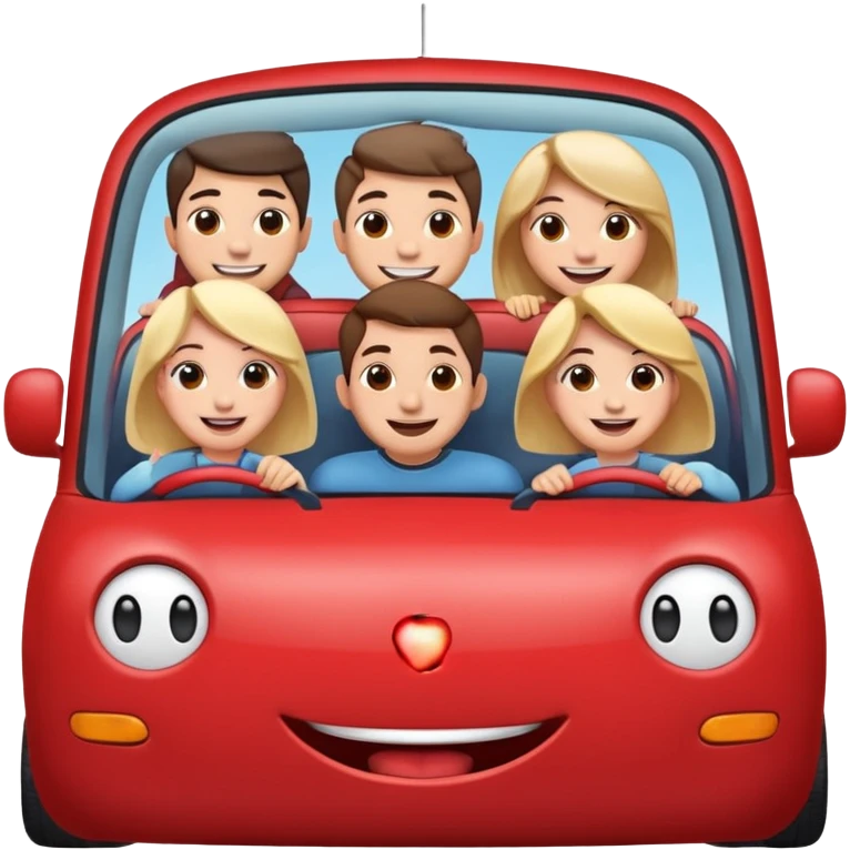 a small car with five people (mixed male and female) sitting inside, all leaning out of the car's side windows, five clear smiling faces, overall in Apple standard emoji style, characters with happy and cute expressions emoji