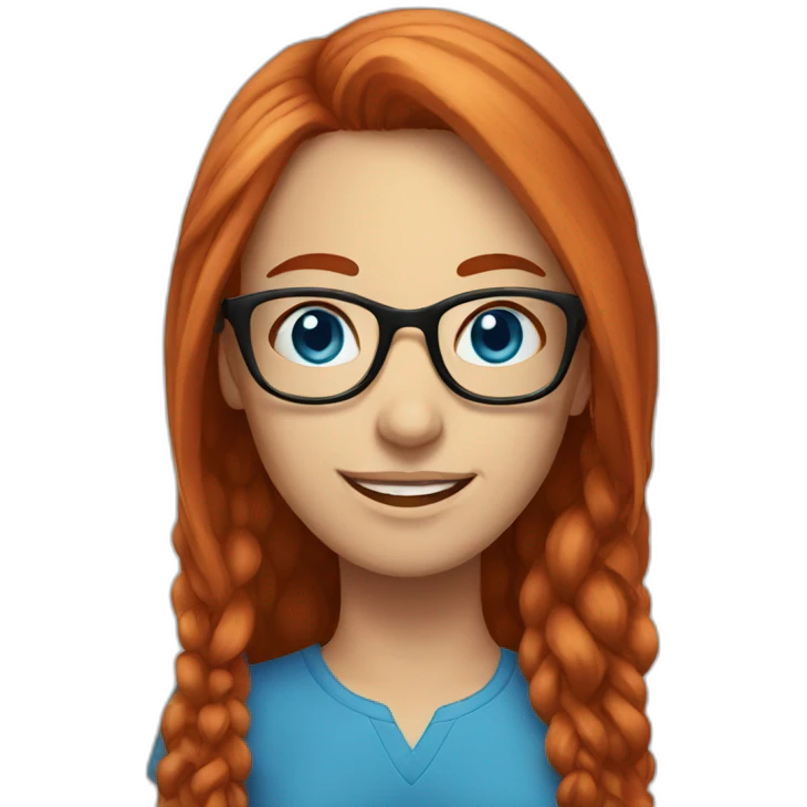 female with long red hair and glasses smiling with blue eyes emoji