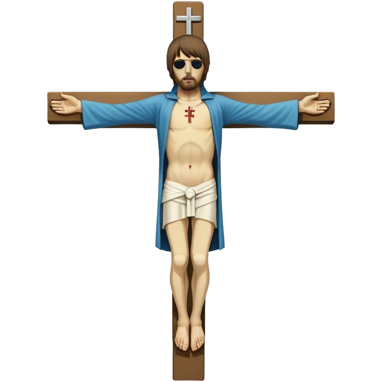 Crucified Liam Gallagher in the style of Jesus full body on cross in mid clothing emoji