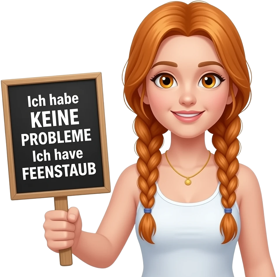 sexy girl with long ginger braids and ginger eyes wearing a white tanktop holds a black sign with Ich habe KEINE PROBLEME Ich habe FEENSTAUB written on it emoji