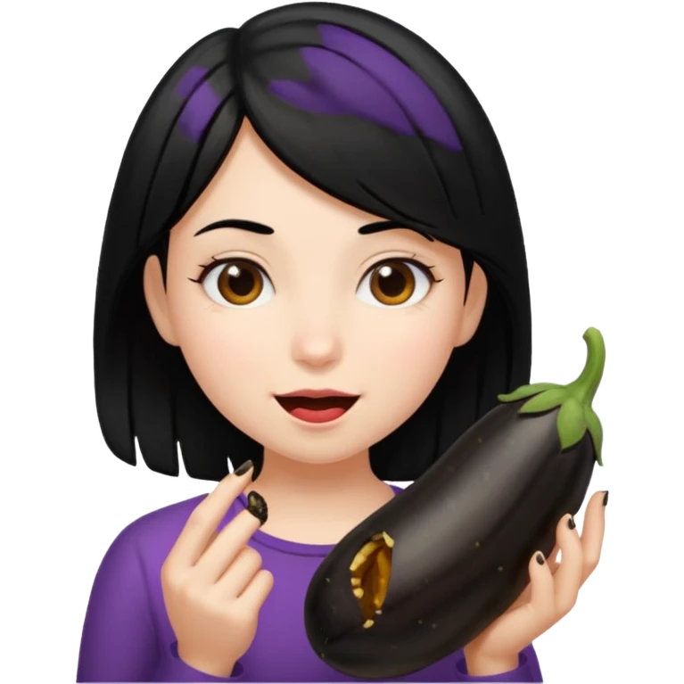 girl black hair eating a black hairy eggplant emoji