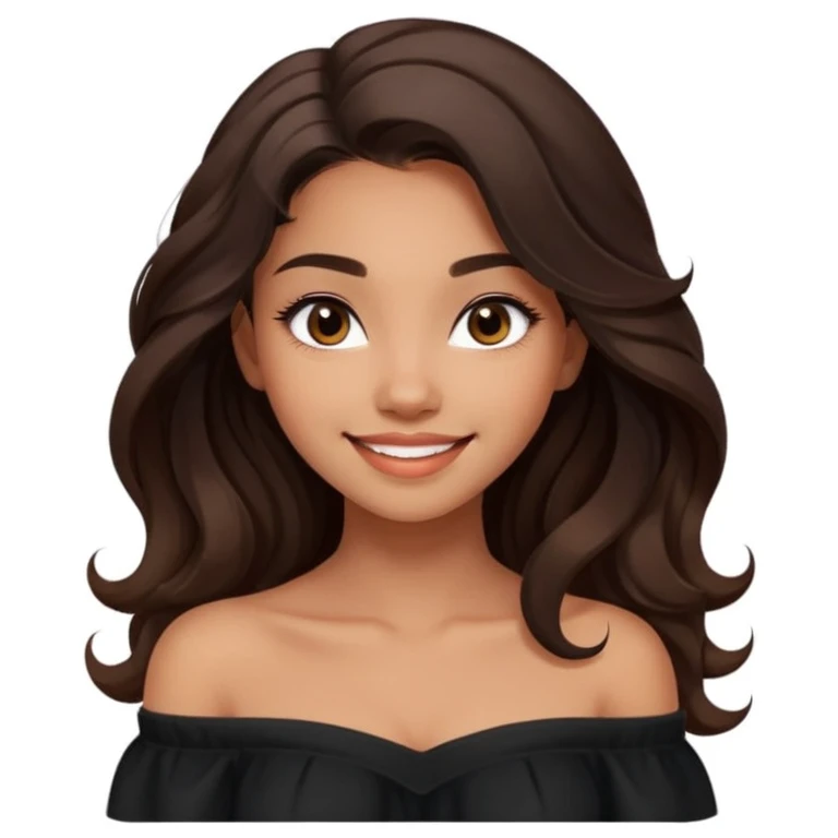 modern clean emoji of a young woman with medium skin tone, long wavy dark brown hair, wearing a black off-shoulder top, smiling softly, expressive eyes, hint of warmth, contemporary and inviting style, soft gradient background emoji