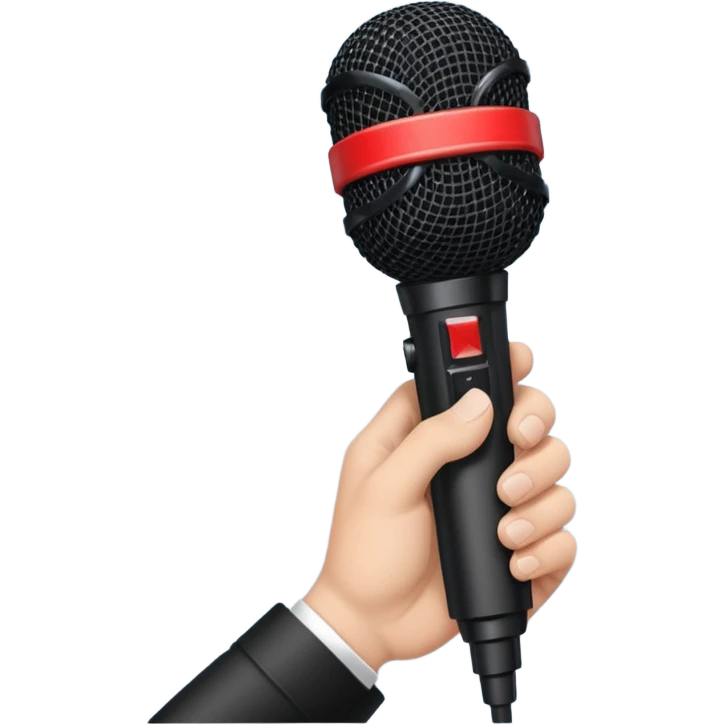 hand holding black stage microphone with red strip on bottom emoji