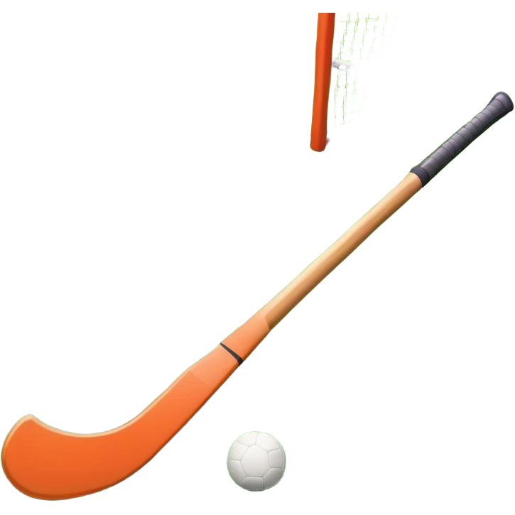 A field hockey stick and ball on a vibrant green grass field, with goalposts and clear field markings in the background. The scene emphasizes the bright, lush grass, highlighting the fast-paced and strategic nature of hockey on a well-maintained pitch. emoji
