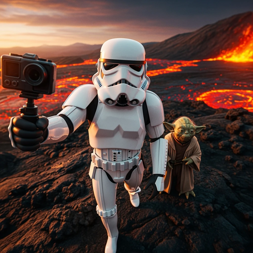 Cinematic still, selfie camera, Starwars stormtroopers vlogging , he is walking on lava planet with yoda emoji