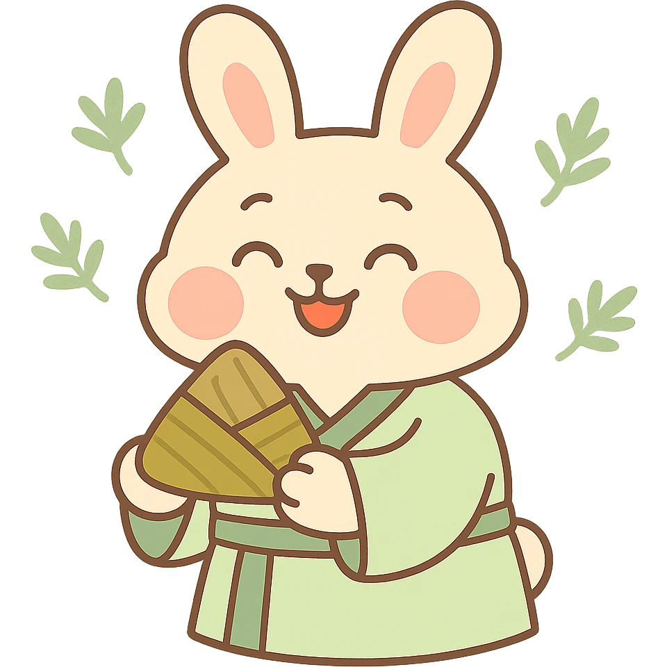 a small rabbit wearing light green Hanfu, holding a light brown zongzi, smiling with eyes closed, with faint mugwort leaves floating in the background, Chinese style, soft color tones, pastel-toon style emoji