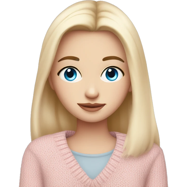Pretty blue eyed white girl with light pink sweater reading cozy emoji