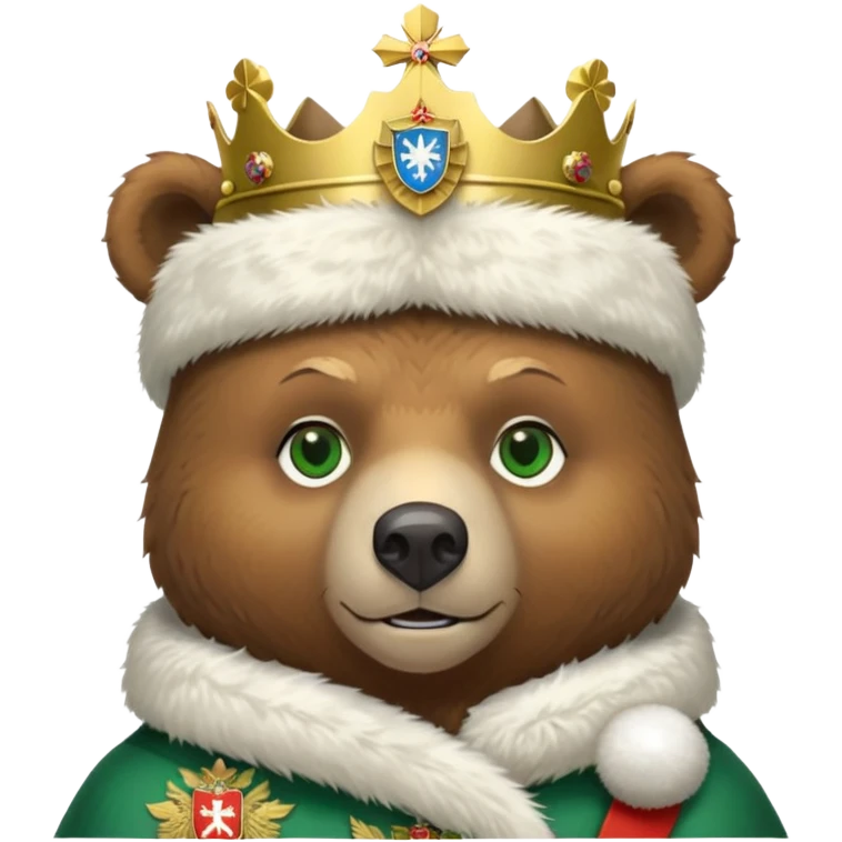 Just the head of a cute brown bear with green eyes, wearing white fur ushanka hat with highly detailed realistic Russian Federation coat of arms, showing double-headed eagle with crowns, scepter, orb and St. George shield, iOS emoji style emoji