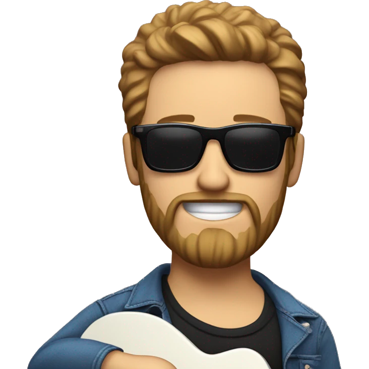 A white man with a beard in black sunglasses, red shirt and blue jeans playing electric guitar emoji