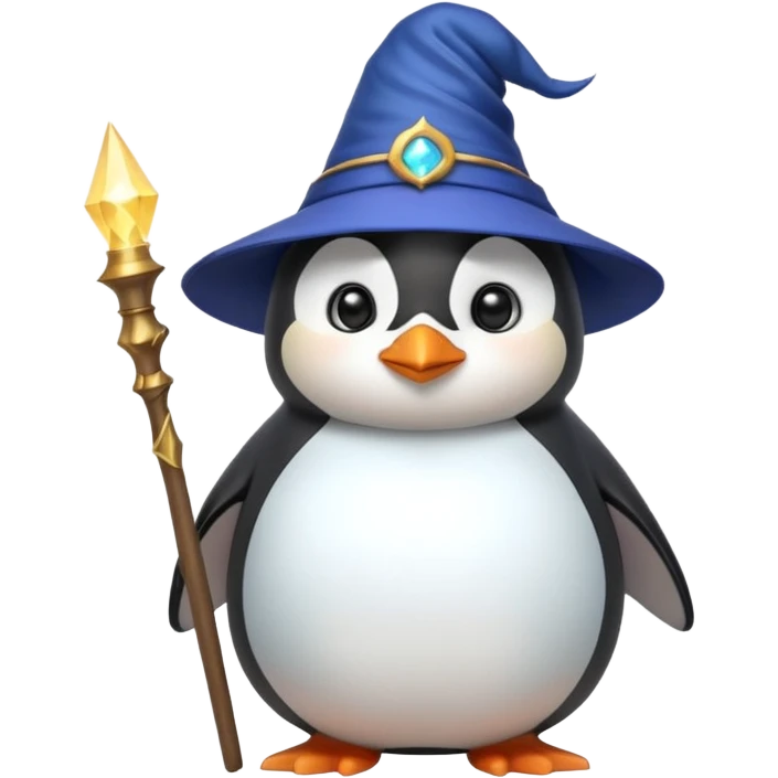 cute chubby penguin with a wizard hat and a glowing wand looking wise and magical emoji