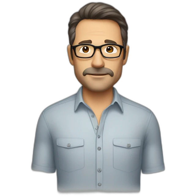 Handsome 50 year old man with dark brown hair, stubble and brown glasses. No facial hair. Wearing a shirt emoji