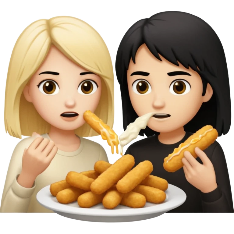 Aurore is blond and Enzo had mid-long black hair are fighting about mozzarella sticks emoji