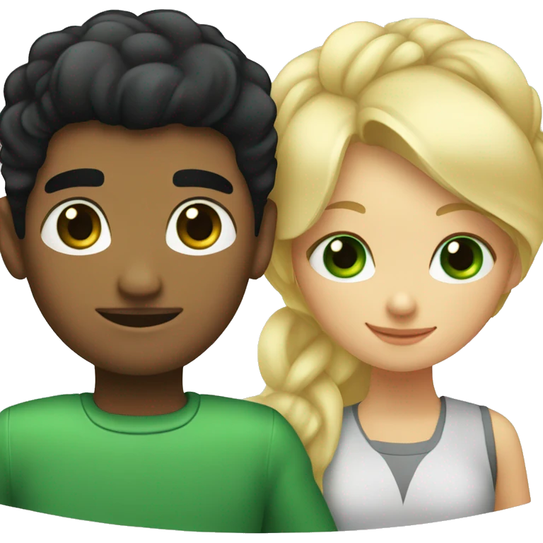 A couple of a girl with blonde hair and green eyes, and a man with black hair and black eyes, that are hugging emoji