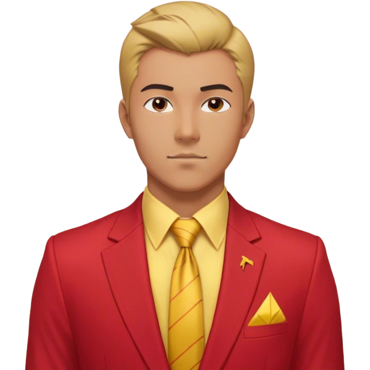 "A bust of a professional man dressed in a red and yellow business suit, symbolizing career opportunities and success. He has a confident expression, short well-groomed hair, and a sharp, determined look. The suit consists of a red blazer with yellow accents, a neatly buttoned yellow dress shirt, and a red tie. A bright upward arrow (📈) is positioned beside him, representing career growth. The man’s bust is stylized with clean lines, focusing on his upper torso and face. The background is plain white, maintaining a professional and modern business-themed design. emoji