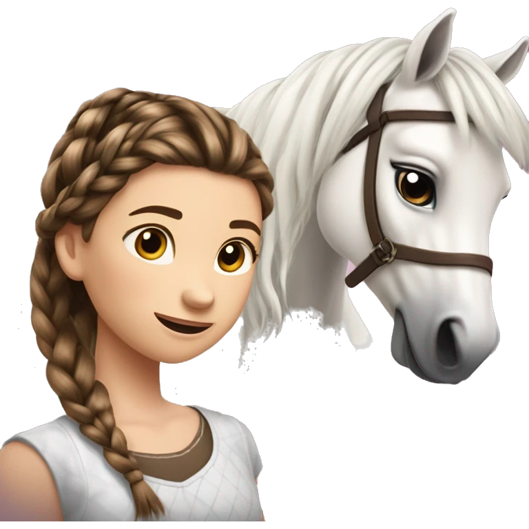 Two girls, one brunette and one a bit lighter are braiding a white horses hair. The faces of the girls are not seen. Show the braids of the horse emoji