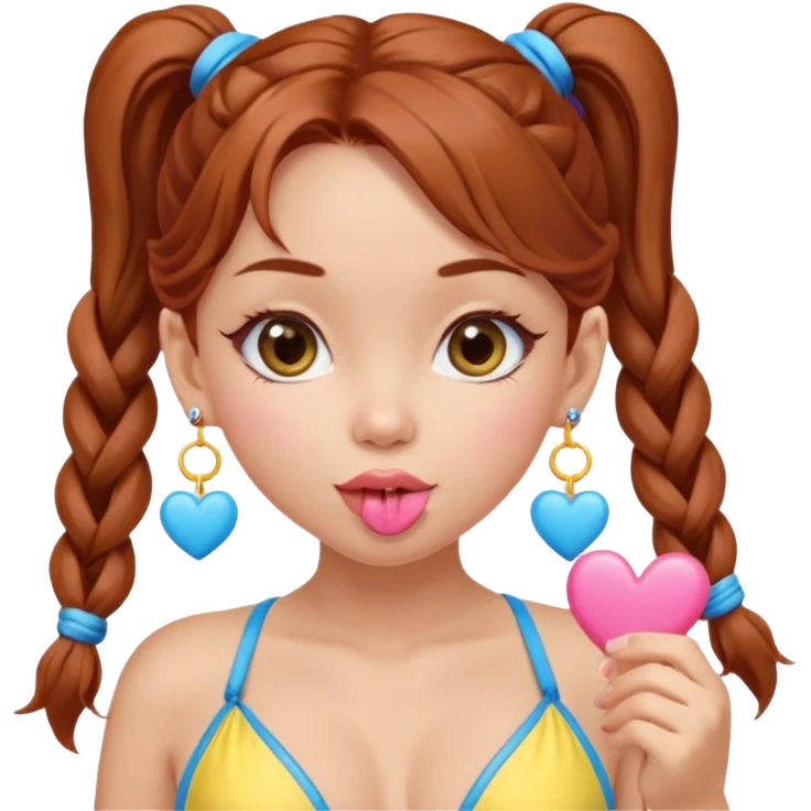 A cute ukrainian girl, looks slightly malaisain with full lips and long auburn hair in two plaited ponytails, has heart earrings in yellow and blue, and is wearing her pink bikini, she is blowing a kiss. emoji