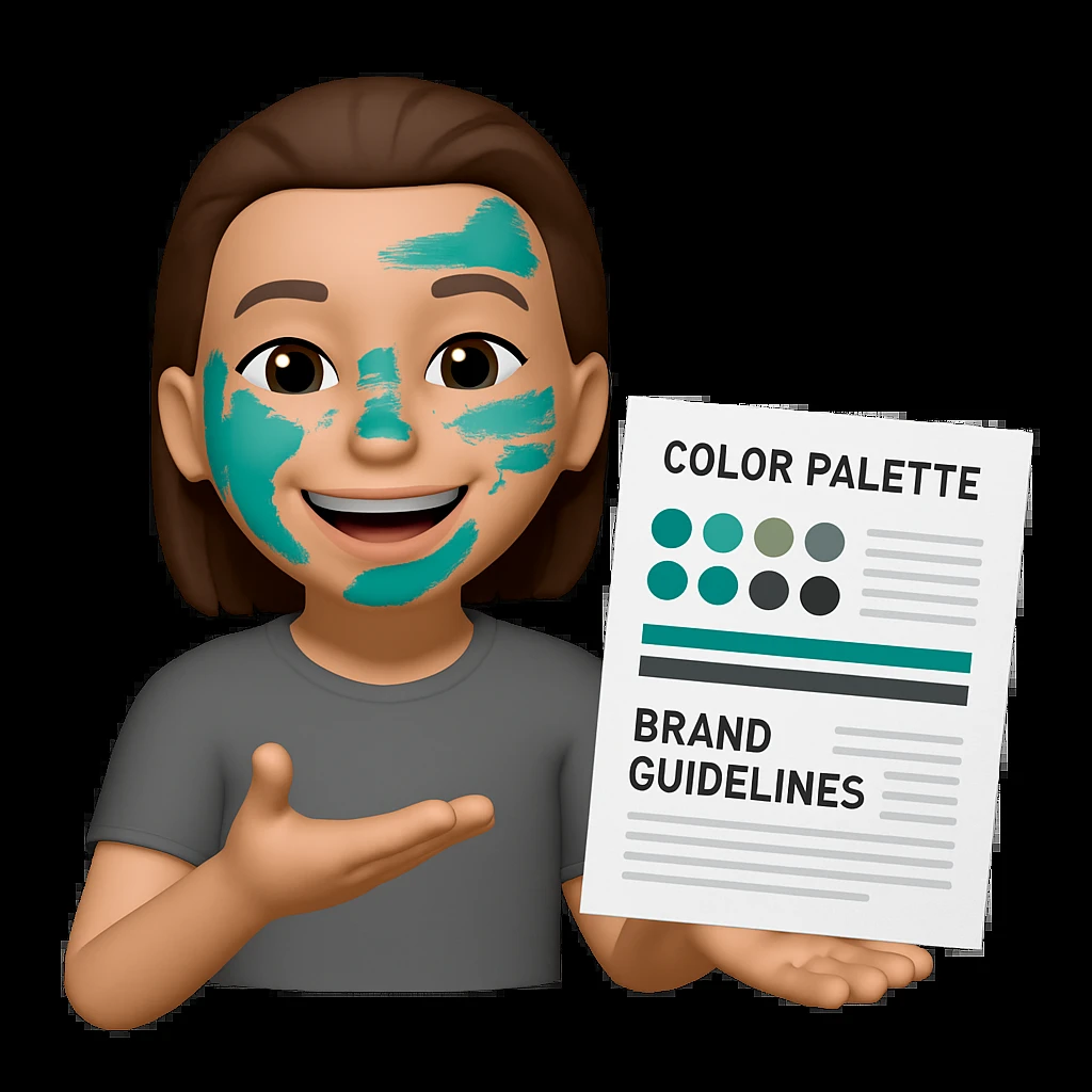 Edit the image to show her creating a color palette and brand guidelines. Include visible traces of the color #0D8484 on her face and have her wearing a grey t-shirt. Keep the same style as the original image. Make the background transparent. emoji