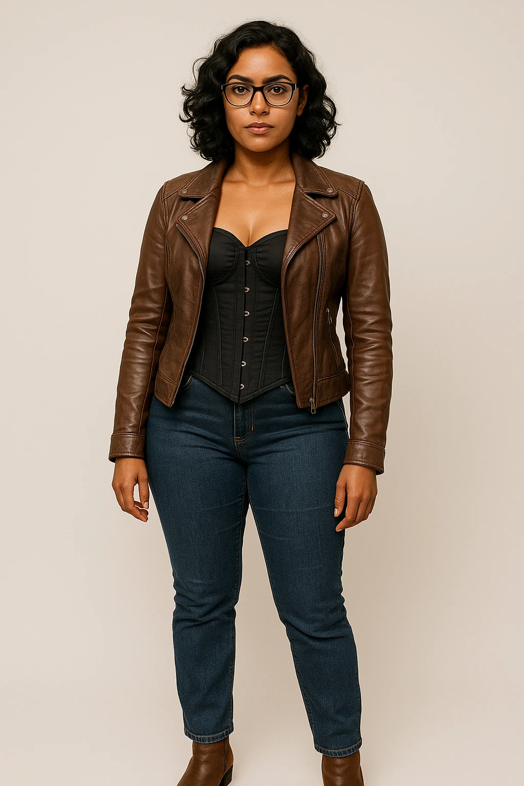 A woman with light brown skin, wavy black hair, and square-shaped glasses. She wears a black corset dress with a brown leather jacket, blue jeans, and brown ankle boots, in a neutral pose. emoji