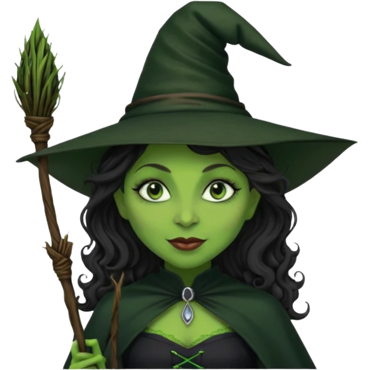 elphaba the wicked witch from wicked movie (cynthia erivo) dark long curly hair, thick lips, wide nose, green skins, witch hat, witch broom, evil, wicked musical film, smirk emoji