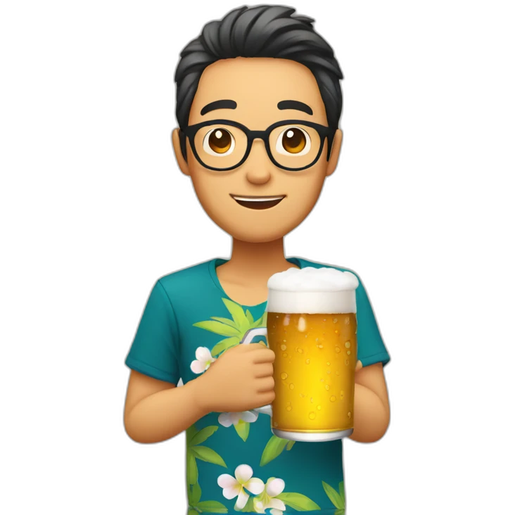 Japanese wearing roundglasses alohashirt is holding beer emoji