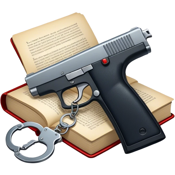 Icon for Action & Crime Reading: an open book with dramatic action scenes, surrounded by a gun, handcuffs, a badge, and a shadowy figure. The icon should evoke suspense, danger, and intrigue of crime and action stories. Transparent background. emoji