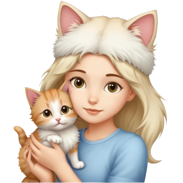 There's a fluffy kitten on a girl's head, its tail wagging gently. emoji