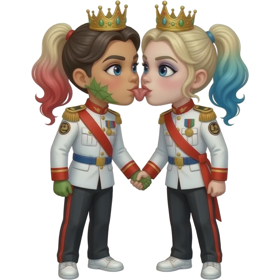 Poison ivy and harley quinn from dc are same wearing gold tiara white military tunic arm badge shoulder cord medal red sash blue belt black trouser with both side red stripe white shoes and they both love with child boy for kissed with tongue emoji