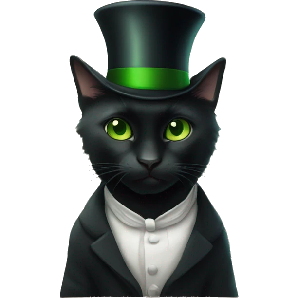 black cat with green eyes in a top hat and with a book emoji