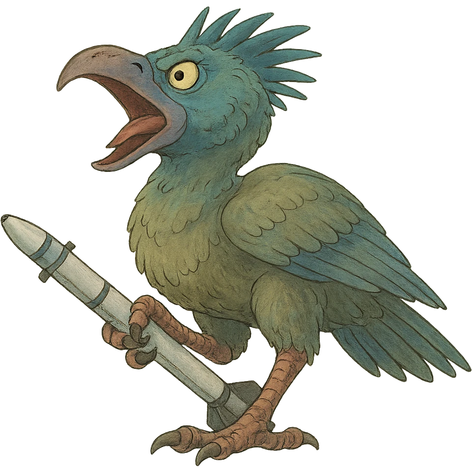an insignia for a flag: a strange foreign alien bird creature, gripping a sidewinder missile in its' powerful claw, standing up on its' other claw, cawing fiercely
 emoji