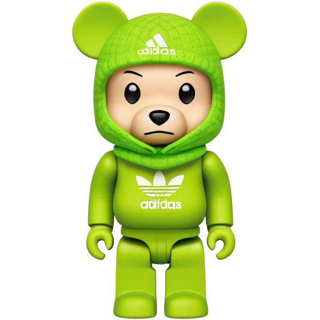 bearbrick toy with cubic design, wearing a lime green balaclava with Adidas trefoil logo, clear aggressive eyebrows, proper bear figure emoji