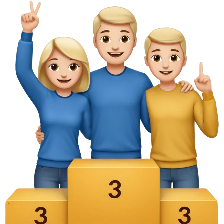 winners podium with three people no numbers middle step higher, all in relaxed casual clothes, center person raises one finger on each hand, cheerful expressive friendly emoji style emoji