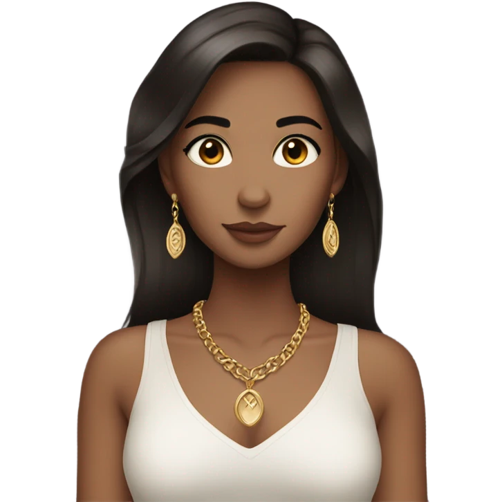 girl with dark brown hair, brown eyes, eyeliner and long eyelashes, and a gold necklace emoji