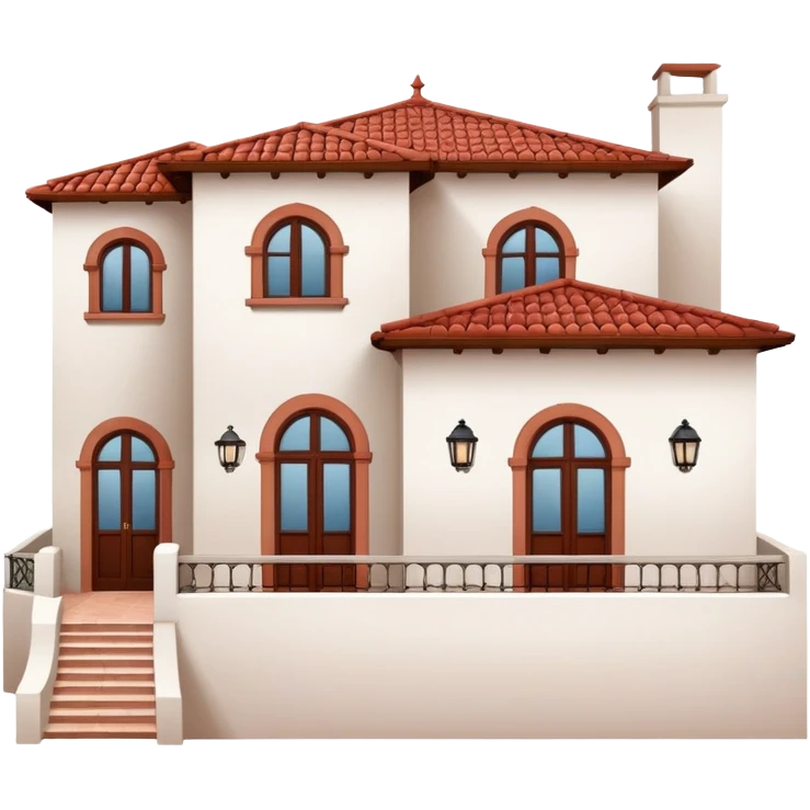 White stucco Spanish villa with red clay tile roof, arched windows, and small balcony emoji