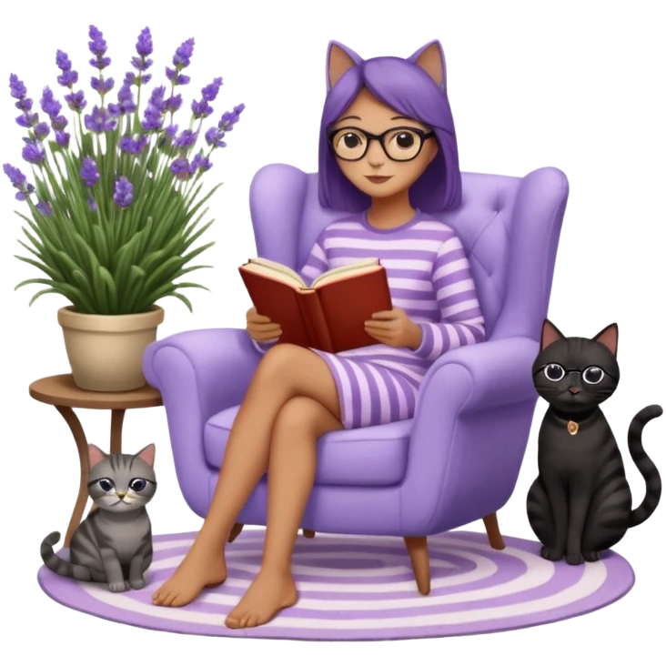 moji illustration, full body woman reading a book on a cozy armchair in a lavender garden, two separate cats next to her (one solid black cat, one brown tabby cat with stripes), small side table with coffee mug, soft peaceful vibe emoji