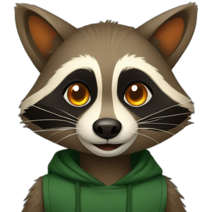 brown raccoon with orange eyes and a dark green hood that is smiling emoji